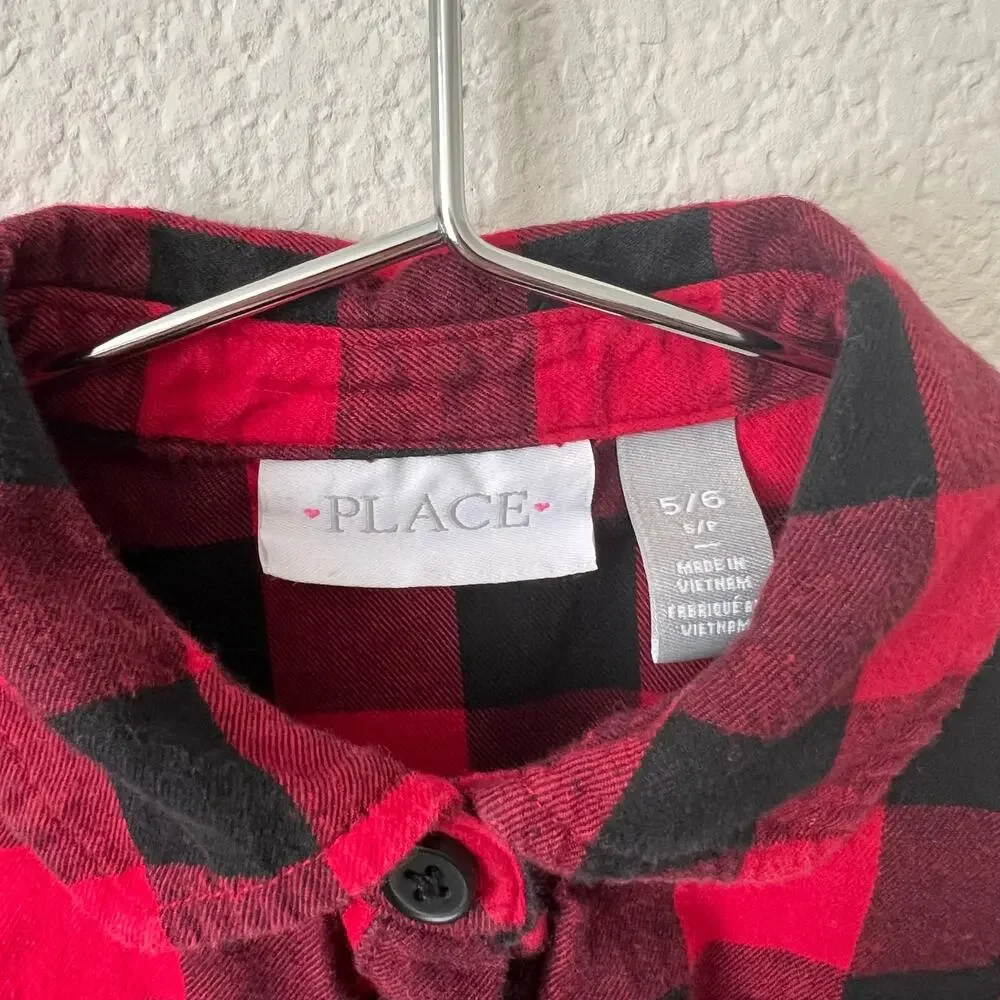 Children's Place long sleeve red black buffalo plaid tie flannel shirt dress